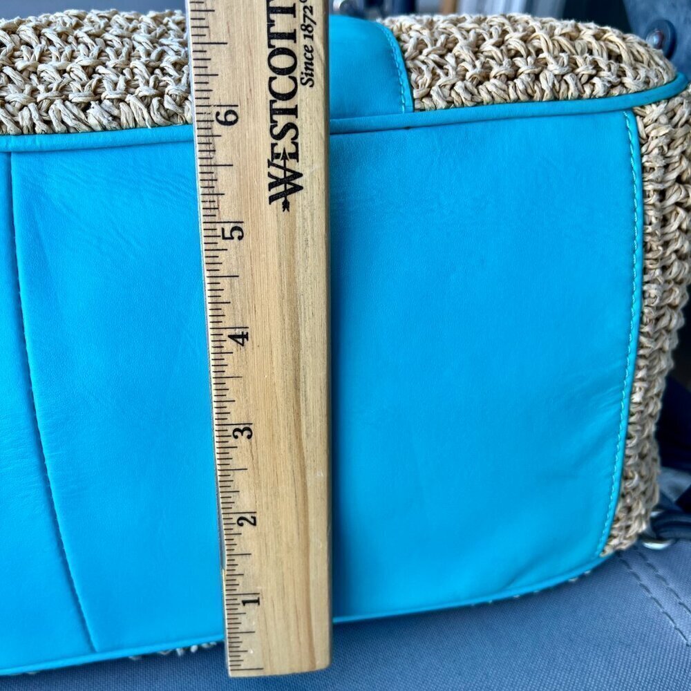 Talbots Large Woven Paper Straw Tote Bag Turquoise Blue Leather Trim Gold - Picture 9 of 12